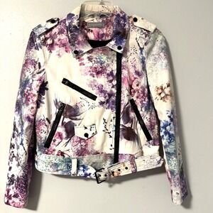 Bagatelle Watercolor Floral Print Moto Jacket White Purple Pink Blue Zip Belt‎ L